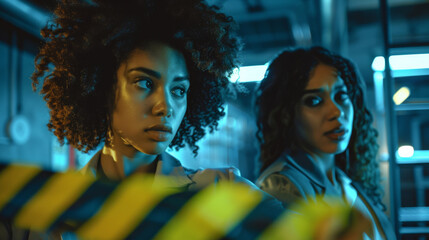 Portrait of two modern black afro american female detectives looking for clues on a dark crime scene - obrazy, fototapety, plakaty