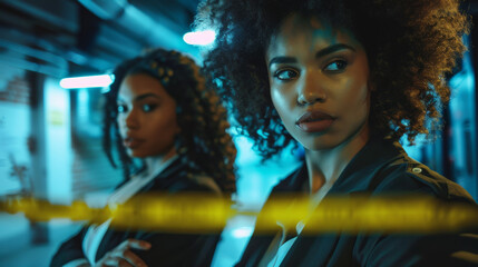 Portrait of two modern black afro american female detectives looking for clues on a dark crime scene - obrazy, fototapety, plakaty