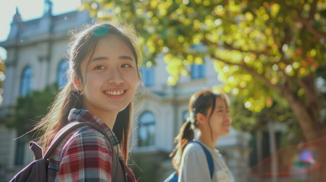 Portrait of Asian Chinese students studying abroad on a american or european campus