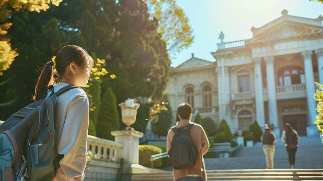 Portrait of Asian Chinese students studying abroad on a american or european campus