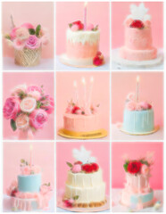 collage of images of cakes and bouquets of flowers in pinkish tones