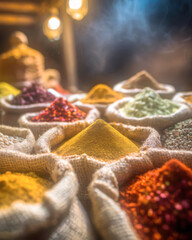 illustration of sacks of spices at a market stall - 758700613