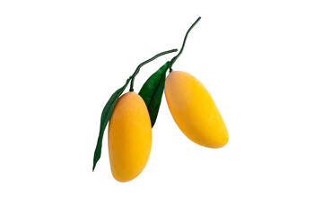 Closeup two ripe mango with green leaf isolated on transparent background.