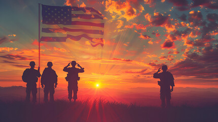 Sunset backdrop with USA Army soldiers saluting, Generative Ai - obrazy, fototapety, plakaty