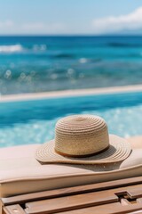 Fototapeta na wymiar Summer hat on sun lounger near swimming pool. Vacation concept