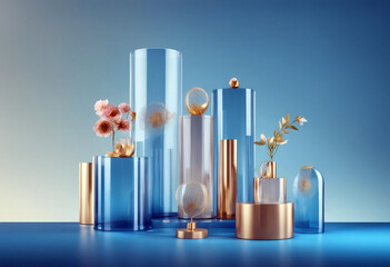 Transparent cylinder podium with decorative objects in blue background. Stand to show product 