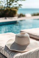 Summer hat on sun lounger near swimming pool. Vacation concept