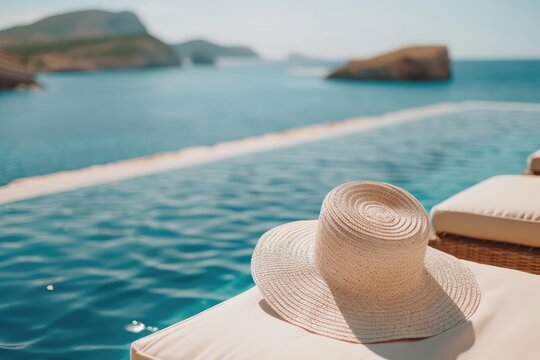 Summer hat on sun lounger near swimming pool. Vacation concept