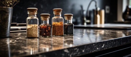 Close-up image of spice bottles on a luxurious black marble kitchen countertop in a modern kitchen