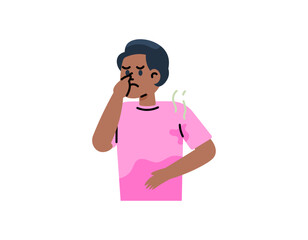 Illustration of a man whose armpits are wet. The armpits smell bad. squeezing nose so he's not smelling an unpleasant smell. flat or cartoon style illustration design. graphic elements. Vector