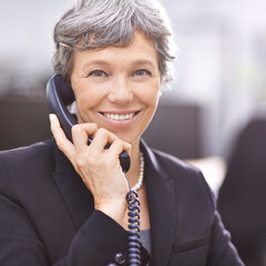 Senior woman, portrait and telemarketing phone call with communication and smile from work. Crm, telephone and support with conversation and professional female employee with talking in office