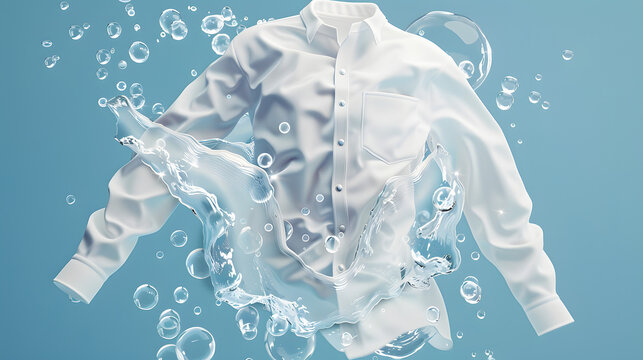 cleaning clothes washing machine or detergent liquid commercial advertisement style with floating shirt and dress underwater with bubbles and wet splashes laundry work as banner design with copy space