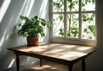 wooden table tree sunlight rustic White shadows Shadow wall table plants background poduim background table wall light product display empty interior shadow white kitchen studio room desk abstract - obrazy, fototapety, plakaty