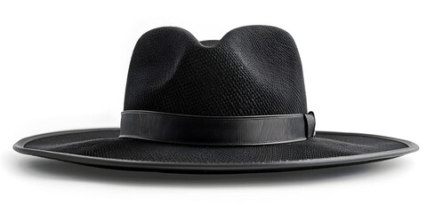 A stylish wool fedora hat in a dark black color. The hat features a wide brim and a black ribbon band around the crown,  - obrazy, fototapety, plakaty