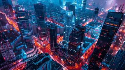 Fototapeta na wymiar Futuristic Cityscape at Night with Neon Glow