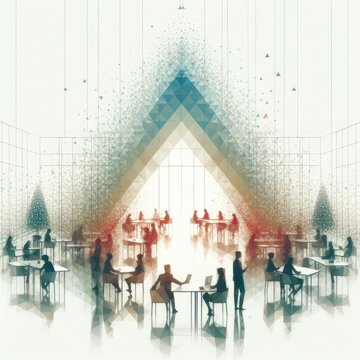 people working together in office in watercolor and triangle stack with Generative AI.