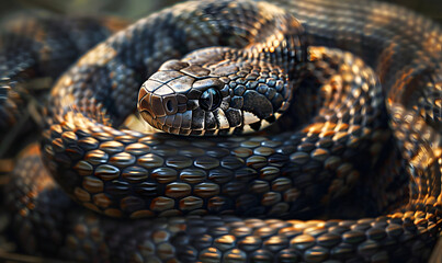 Obraz premium A snake is coiled up on the ground, Generative AI