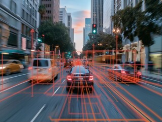Blurred motion of cars speeding through a city street with traffic signals and trajectory overlays.