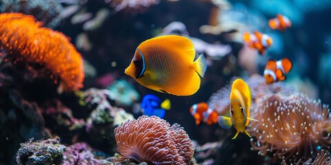 Fototapeta na wymiar Vivid underwater coral reef scene with tropical discus fish in natural habitat