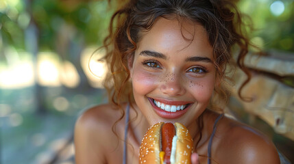 Beautiful girl eating a hot dog in a sunny green park