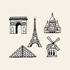 Line art doodle Paris sightseeings