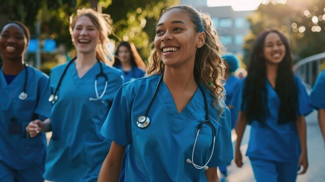A diverse group of smiling female student nurses wearing blue scrubs walks together outside a medical school on a university hospital campus.