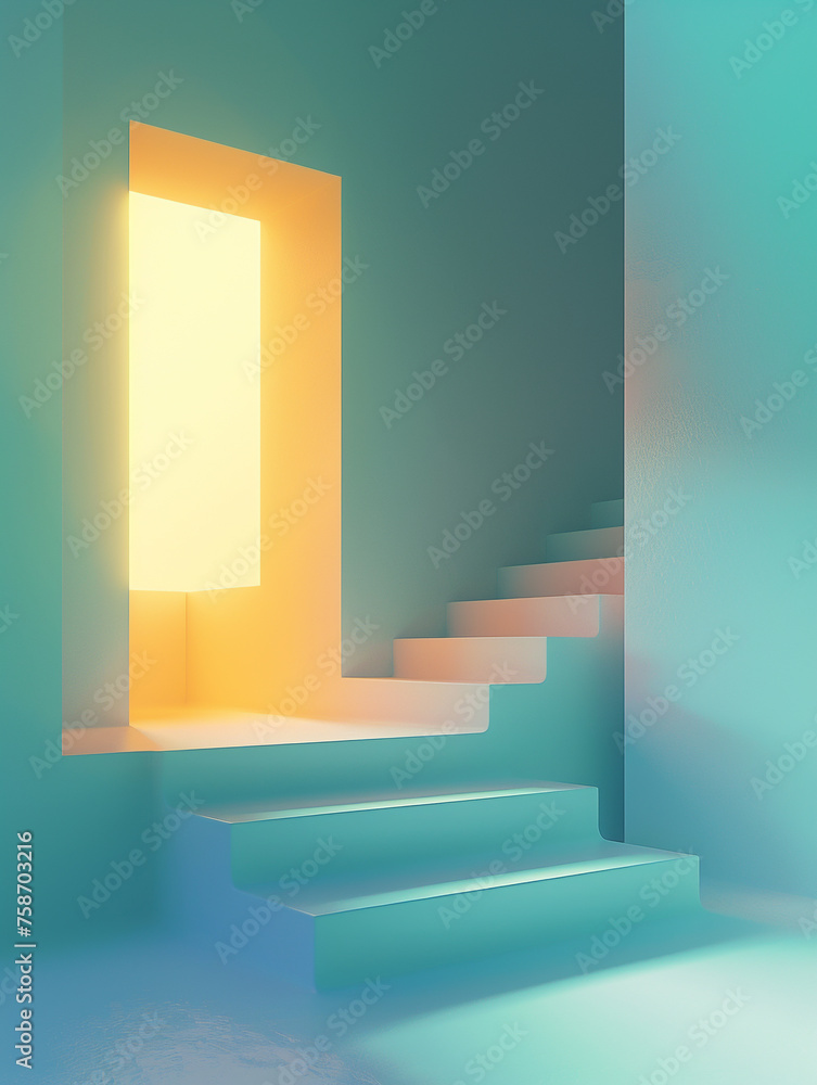Poster a staircase with a window above it. the window is lit by the sun, creating a warm and inviting atmos