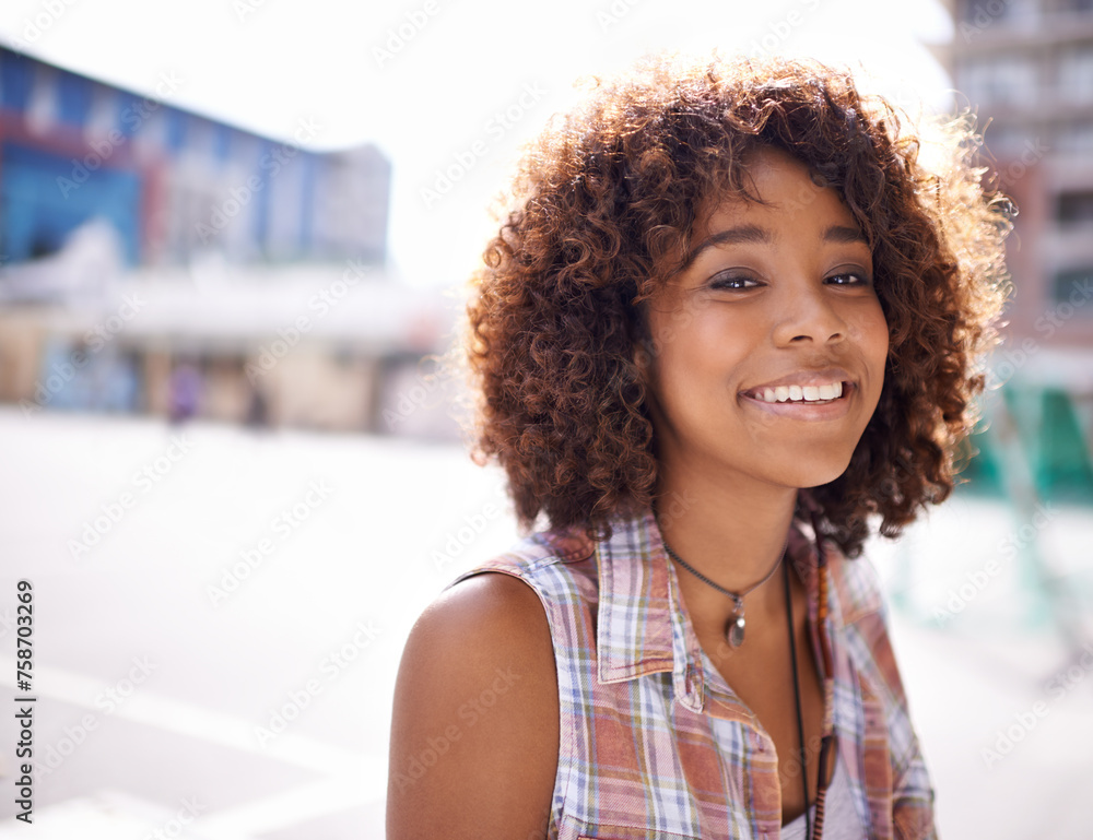 Sticker Portrait, smile and black woman in city for sunshine, fun and weekend break in Amsterdam. Afro, confidence and face of female person in downtown for happiness, explore and urban lifestyle outdoor