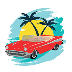 Red retro car with palm silhouettes on background. Summer time themed vector illustration for poster or card or t-shirt or sticker design