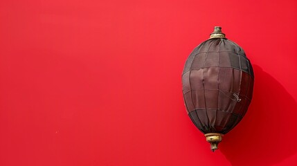 Obraz premium Photo of a balloon-shaped lantern on a red background,with a wide-angle lens and soft lighting.