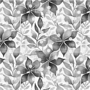 Watercolor textured hand-drawn flowers and leaves pattern in black and gray tones with polka dots