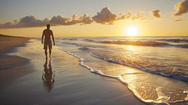 A man walking along the beach at sunrise, enjoying his morning walk on summer vacation.