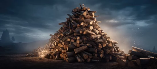Zelfklevend Fotobehang Towering heap of firewood. © Vusal