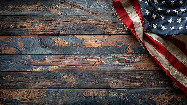 American Flag on Wooden Background Copy Space Memoril Day, Generative AI