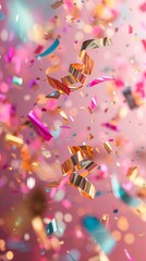 colorful foil confetti flying on a pastel pink background, very festive part vibes, new year