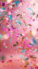 colorful foil confetti flying on a pastel pink background, very festive part vibes, new year