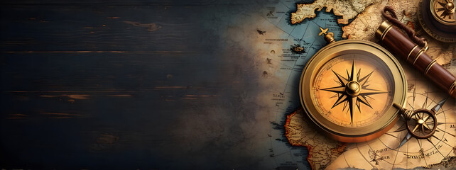 illustration of ancient compass on old vintage world map banner background,