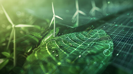 A semi - opaque leaf with holographic solar panels and wind turbines overlay, against a dark green background.