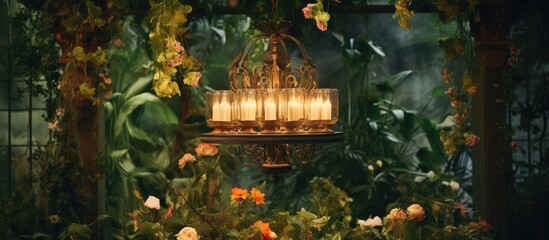 Vintage lighting fixture in a plant-filled garden