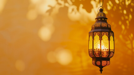 Fototapeta na wymiar A Ramadan lantern glows brightly against a golden yellow background