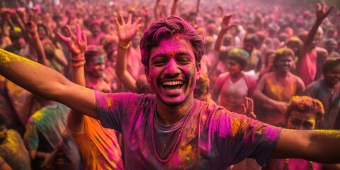 Fototapeta na wymiar A vibrant Holi celebration fills the air with joyous colors and infectious energy.