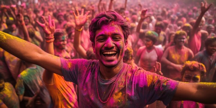 A vibrant Holi celebration fills the air with joyous colors and infectious energy.