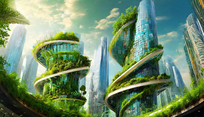 Modern buildings with vertical gardens and terraces with green plants and trees. Eco-friendly architecture in a modern city to reduce CO2 emissions and increase oxygen production. Generative Ai.