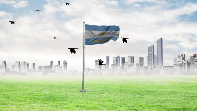 The flag of Argentina is flying and the birds are flying with it