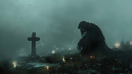 Mystical Vigil: Shadowy Figure by Graveyard Cross in Foggy Twilight - obrazy, fototapety, plakaty
