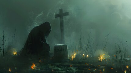 Eternal Guardian: A Cloaked Figure's Silent Watch Over a Resting Place