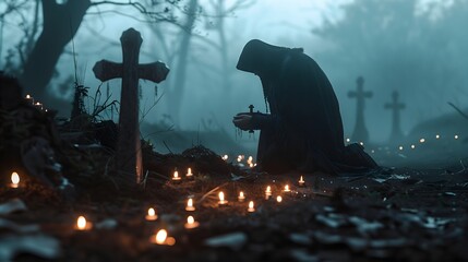 Solemn Remembrance: A Cloaked Figure Kneeling by a Tombstone at Dusk - obrazy, fototapety, plakaty