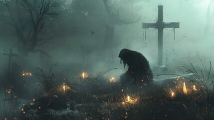 Ethereal Vigil: Grim Reaper at a Misty Gravesite - obrazy, fototapety, plakaty