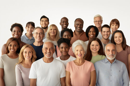 A large group of happy people from different ethnic groups and different generations of people	
