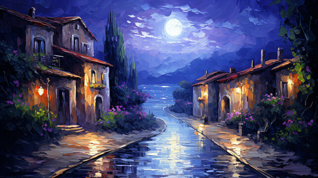 Night street of the resort town near the sea. Oil painting